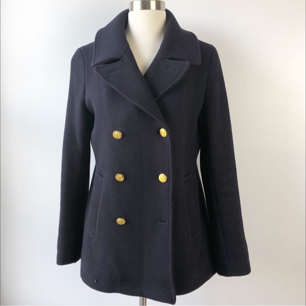J Crew Navy Wool Stadium Cloth Pea Coat Jacket 10